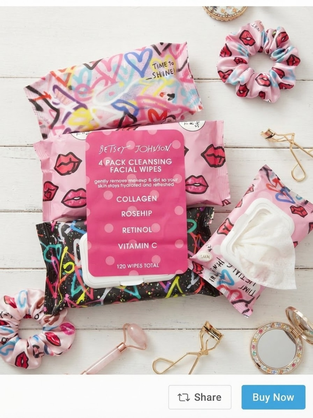 Betsey Johnson 4-Pack Cleansing Facial Wipes - Collagen, Rosehip, Retinol, Vit C